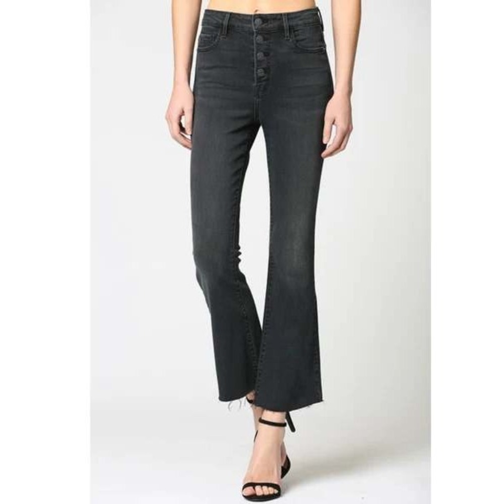 Hidden Happi Jeans High Rise Crop Flare Raw Hem Black Denim Button Fly 27